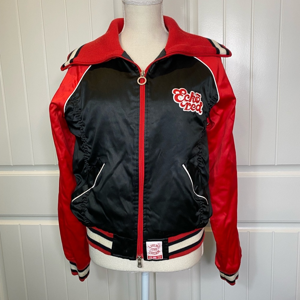 EckoRed Embroidered Satin Knitted Zip Up Bomber Jacket - Picture 2 of 15